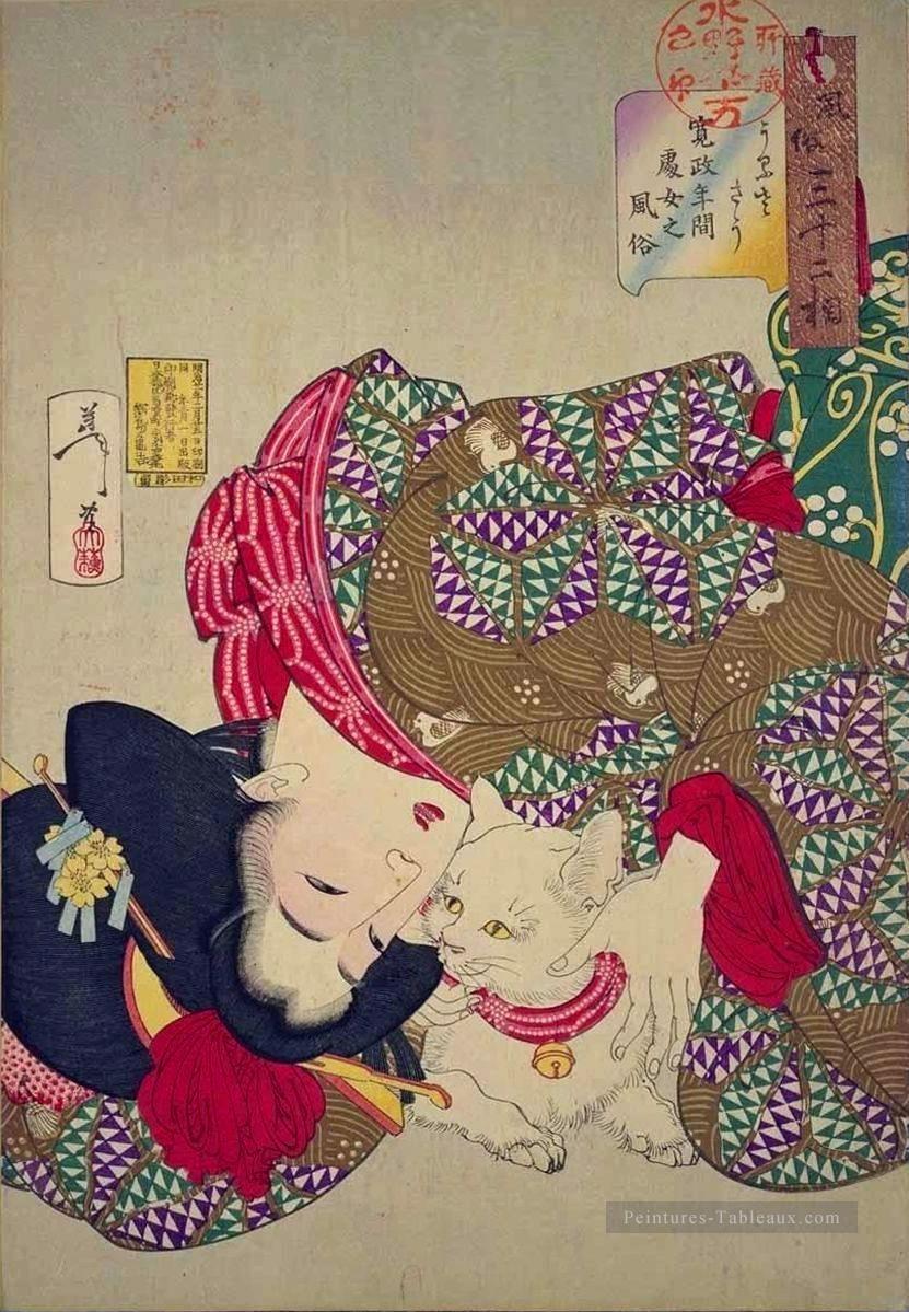 une jeune femme de la période Kansei jouant avec son chat Tsukioka Yoshitoshi belles femmes Peintures à l'huile
